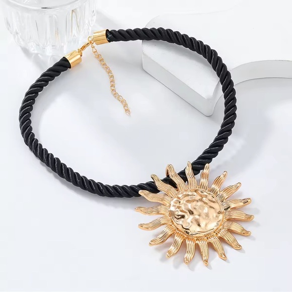 Statement Sun Pendant Necklace – Gold-Tone with Black Cord - Picture 11 of 11